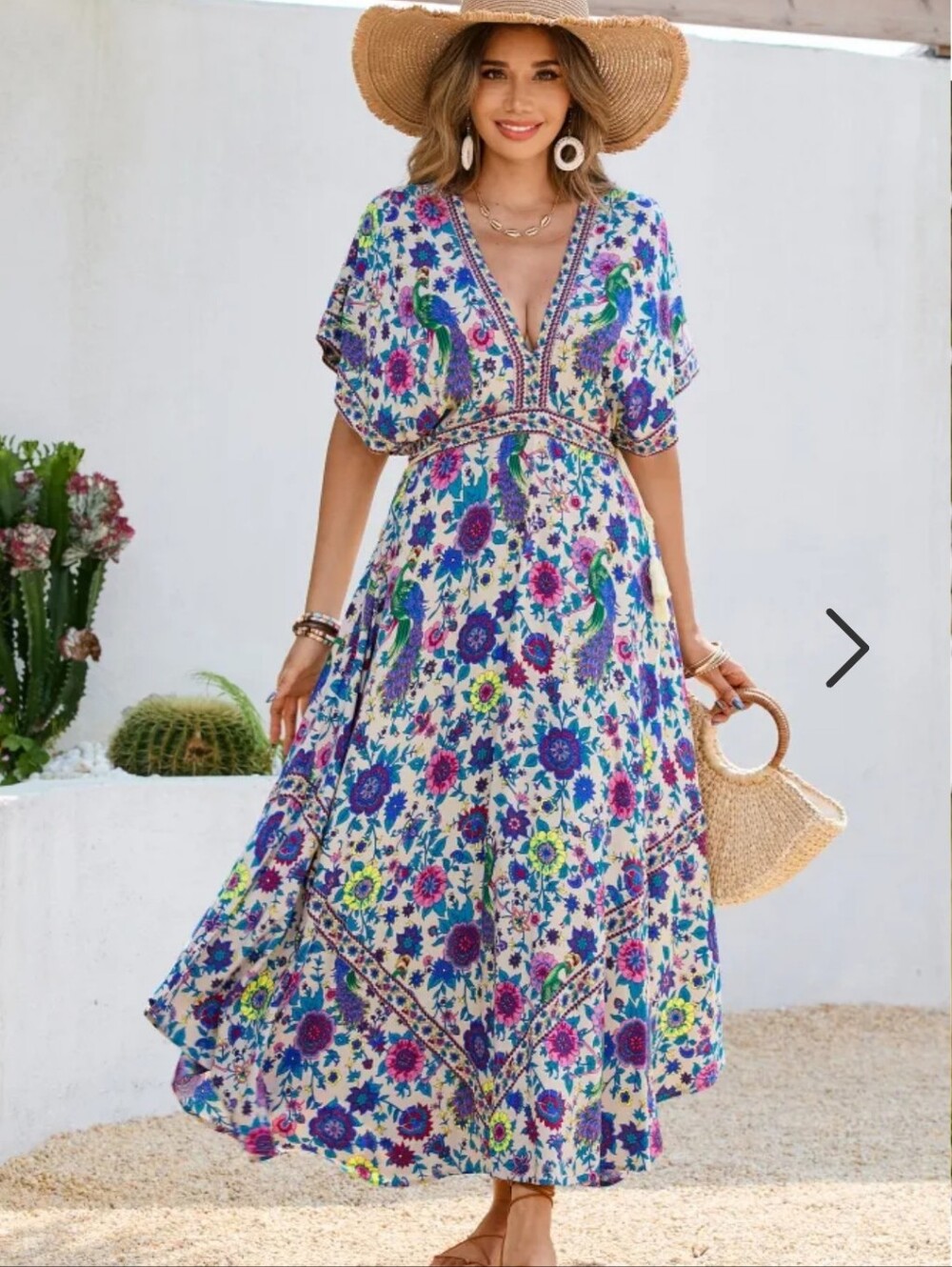 R. Vivimos - Boho V-Neck Maxi Dress in Cream with Multicolor Floral Print